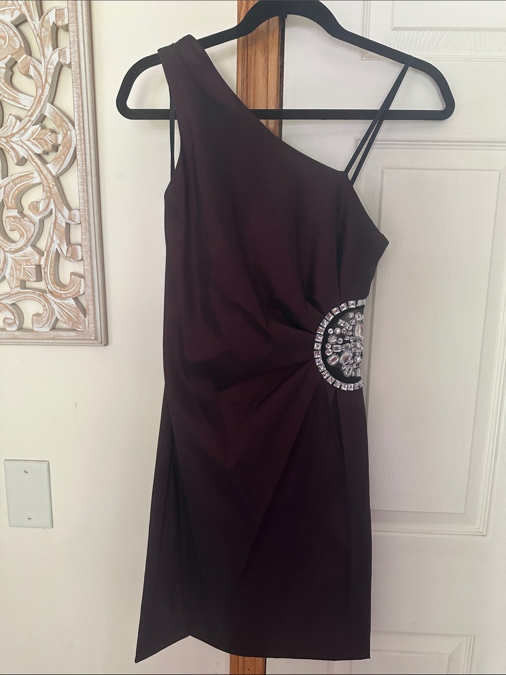 Vintage  Cach’e dark maroon One-Shoulder Cocktail Dress with Rhinestone Accent
